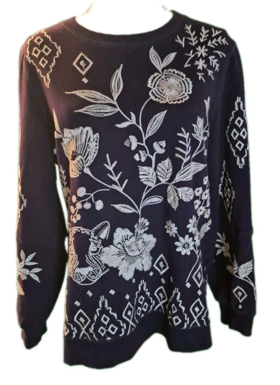 Johnny Was Ivey High Slit Embroidered Purple Sweatshirt Womens S Floral Tiger